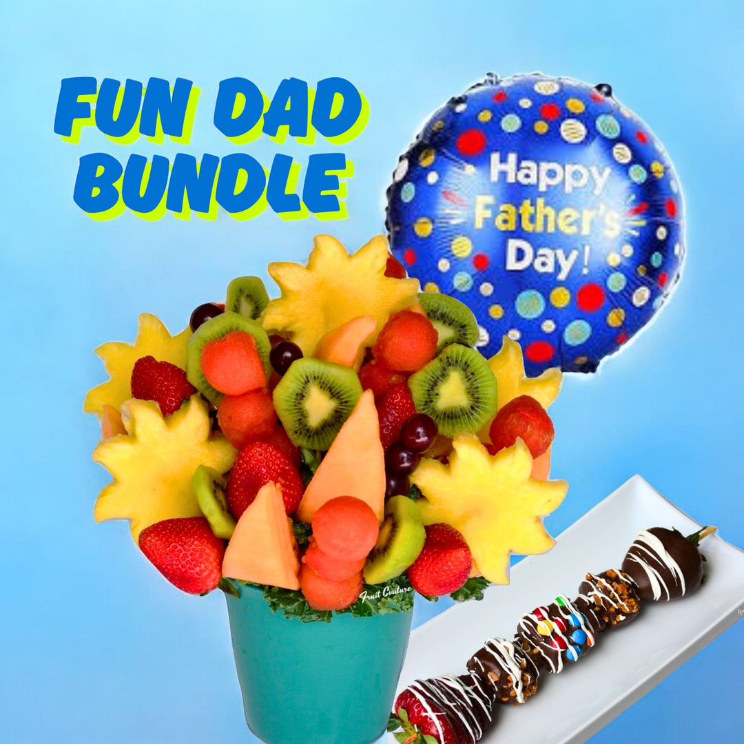 a summer fruit bouquet with pineapple suns and mixed fruit, one chocolate fruit and marshmallow kabob, and balloon