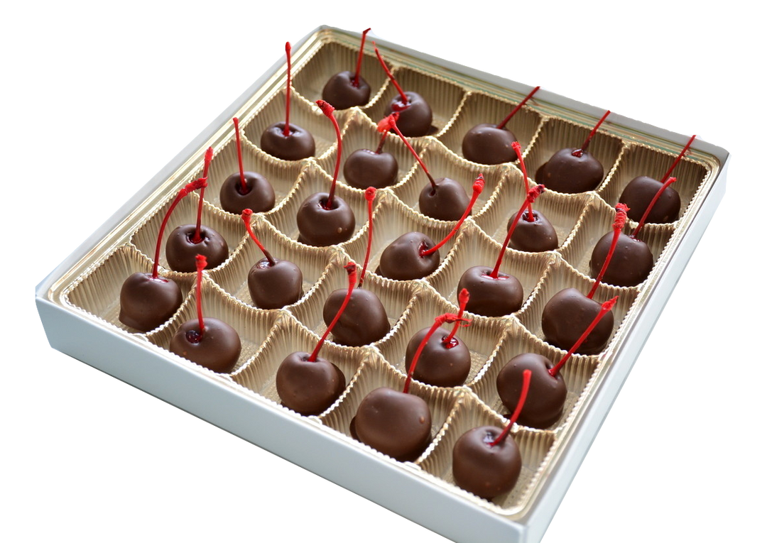 Box of 25 dark chocolate dipped maraschino cherries. Gift box for delivery in Ottawa or Gatineau.