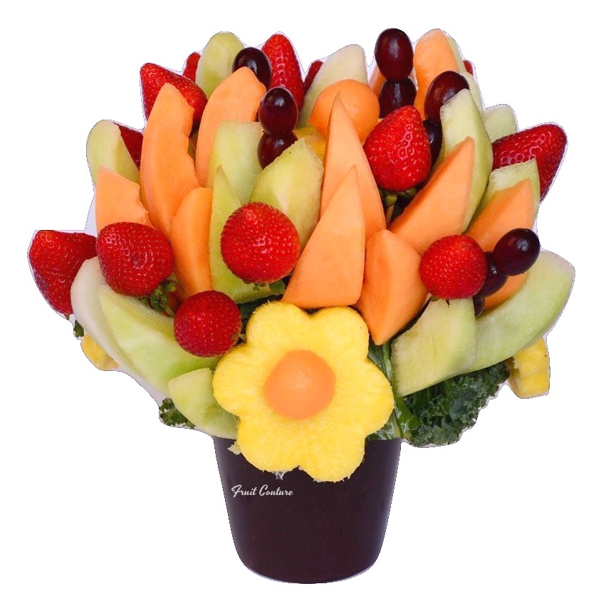 fresh bloom fruit bouquet with a mix of melon wedges, strawberries, pineapple flowers