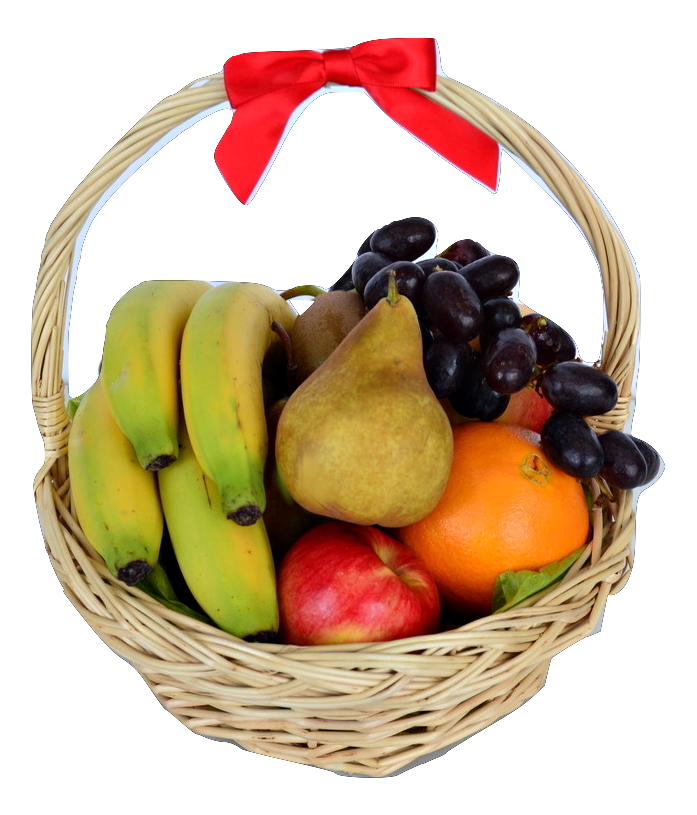 Fruit basket with handle that includes a variety of whole fresh fruit. Basket includes bananas, pears, apples, kiwis, oranges, and grapes.