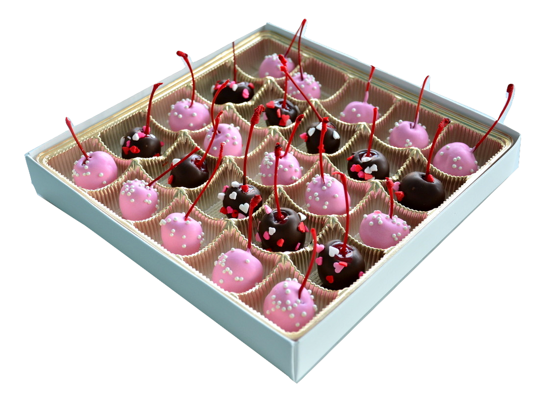 Box of 25 Valentine's Day theme maraschino cherries. Half dipped in pink chocolate with mini candy pearls and the other half dark chocolate dipped with heart sprinkles.