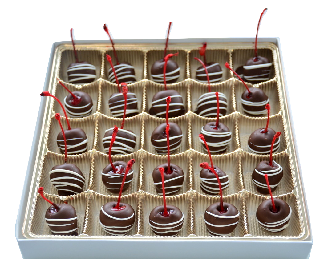 Box of 25 dark chocolate dipped maraschino cherries with white chocolate swizzle.