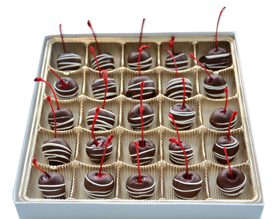 Box of 25 dark chocolate dipped maraschino cherries with white chocolate swizzle.